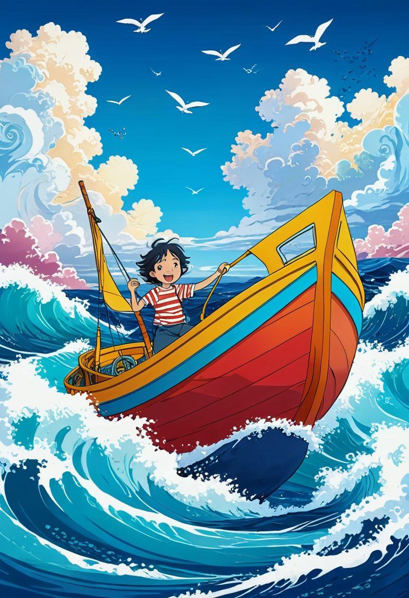 A whimsical collage showcasing a cartoonish character in a playful boat navigating through vibrant ocean waves, surrounded by comic-style Hentai illustrations on one side and playful, colorful scenes of high seas employment on the other, blending the two themes. The background should be a cheerful sky with fluffy clouds. Emphasize a sense of adventure and exploration. vector art. vibrant colors. playful style.
