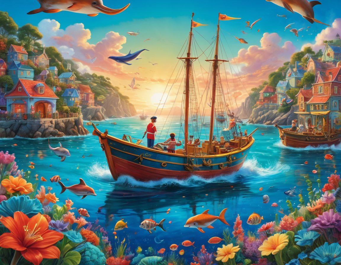 A dynamic scene of a colorful animated sailor navigating a whimsical, vibrant ocean with playful sea creatures, contrasting with an imaginative and surreal harbor bustling with quirky characters. The sailor is joyfully steering a ship adorned with fantastical elements, like oversized waves and clouds shaped like cartoonish objects, embodying the spirit of adventure and creativity in adult animation. Include elements that hint at diverse career paths within the theme, such as art supplies and nautical tools scattered aboard. super-realistic. vibrant colors. whimsical style.
