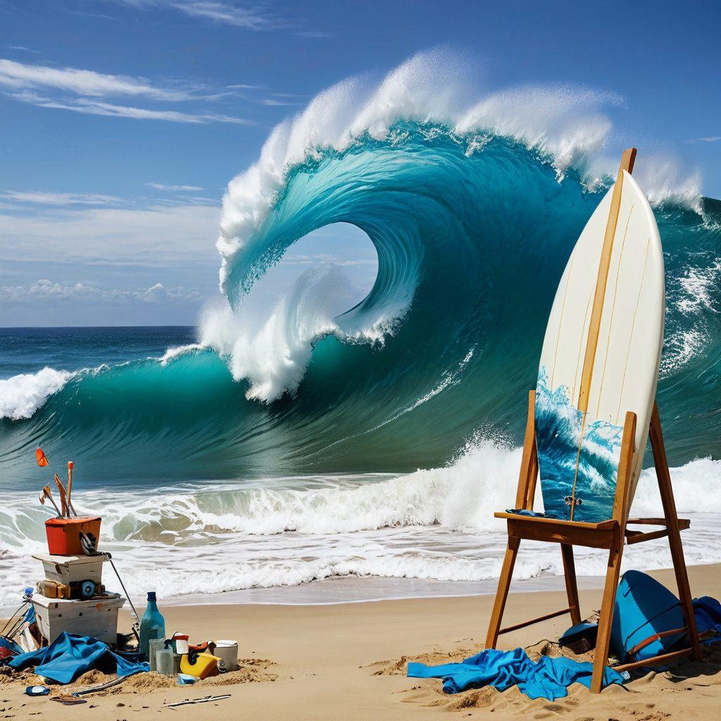 A captivating collage showcasing a powerful wave crashing against a sandy shore with artists painting on easels, blending erotic art with ocean themes. Include vibrant colors in the artwork reflecting both sensuality and marine life, alongside oceanic tools like surfboards and fishing gear. The scene should be lively and inspire creativity, featuring bright blues and soft beach tones. surrealistic. vibrant colors. white background.